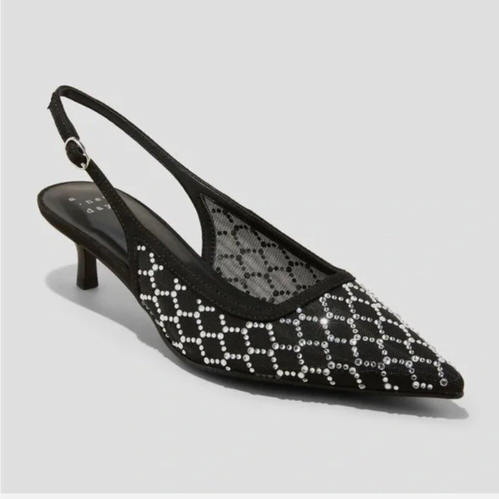 NEW Women's Gigi Embellished Slingback Kitten Heels - A New Day™ Black 7.5
